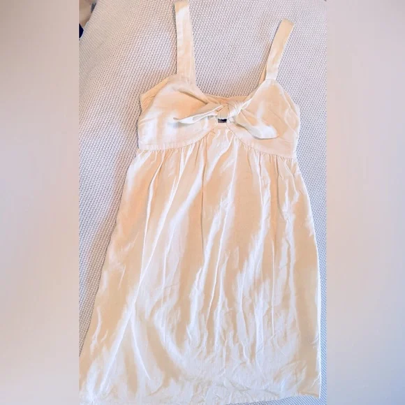 WHO WHAT WEAR Linen Cream Off-White Midi Dress w Tie Bow Chest - Picture 2 of 12